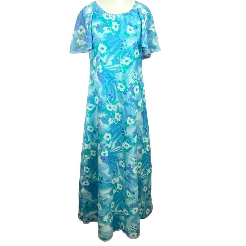 Vintage 70’s does 30’s Handmade Blue Floral Capelet Ruffle Sleeve Maxi Gown 8/10